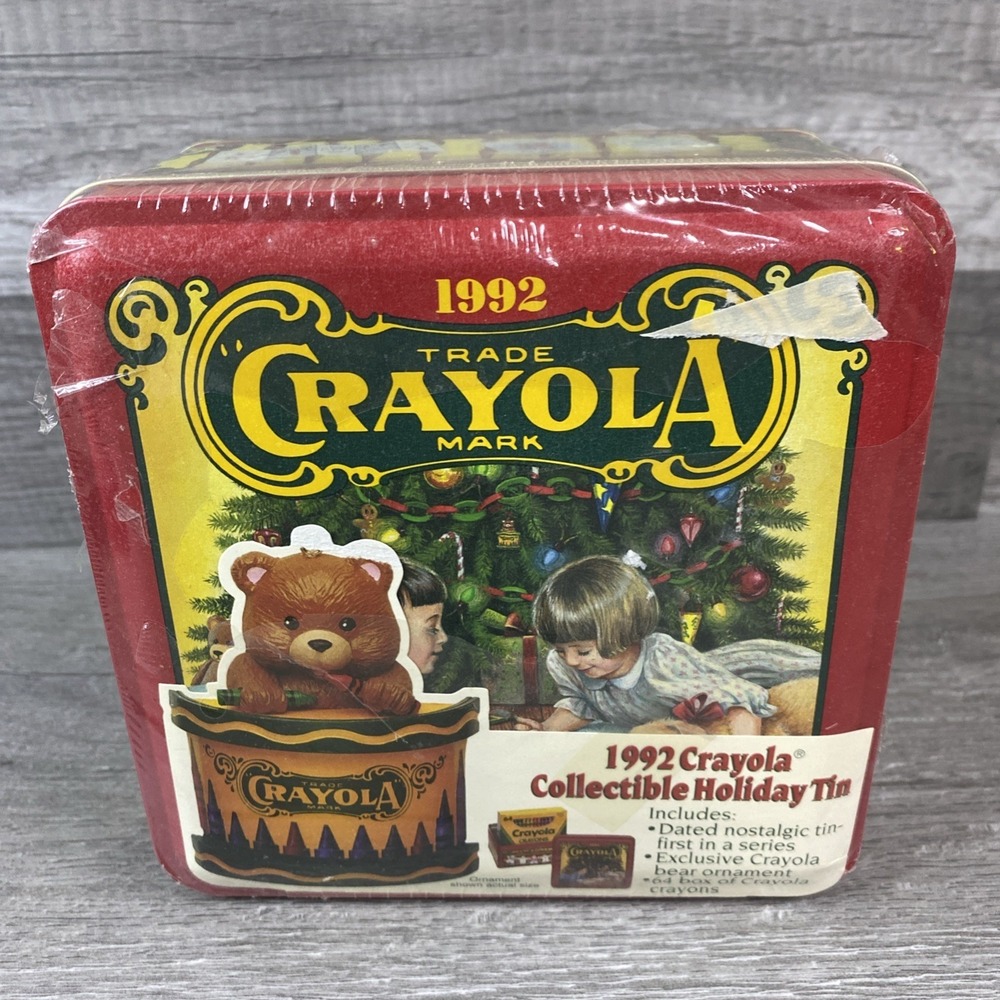 Crayola Holiday Tin 1992 Unisex OS Red NEW 1st‎ Edition 64 Crayons Bear Ornament